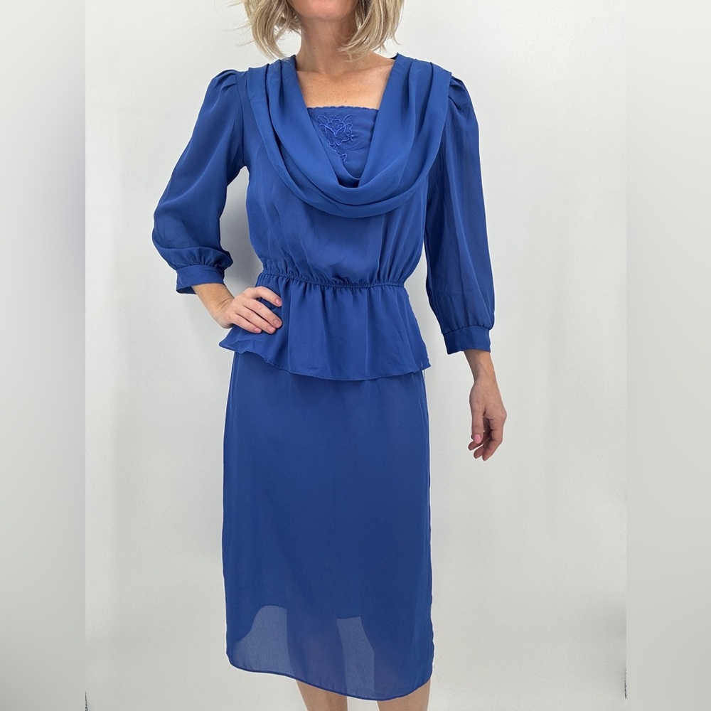 1980s Sheer Chiffon Dress Women's S Blue Cowl Neck Peplum Secretary Embroidery